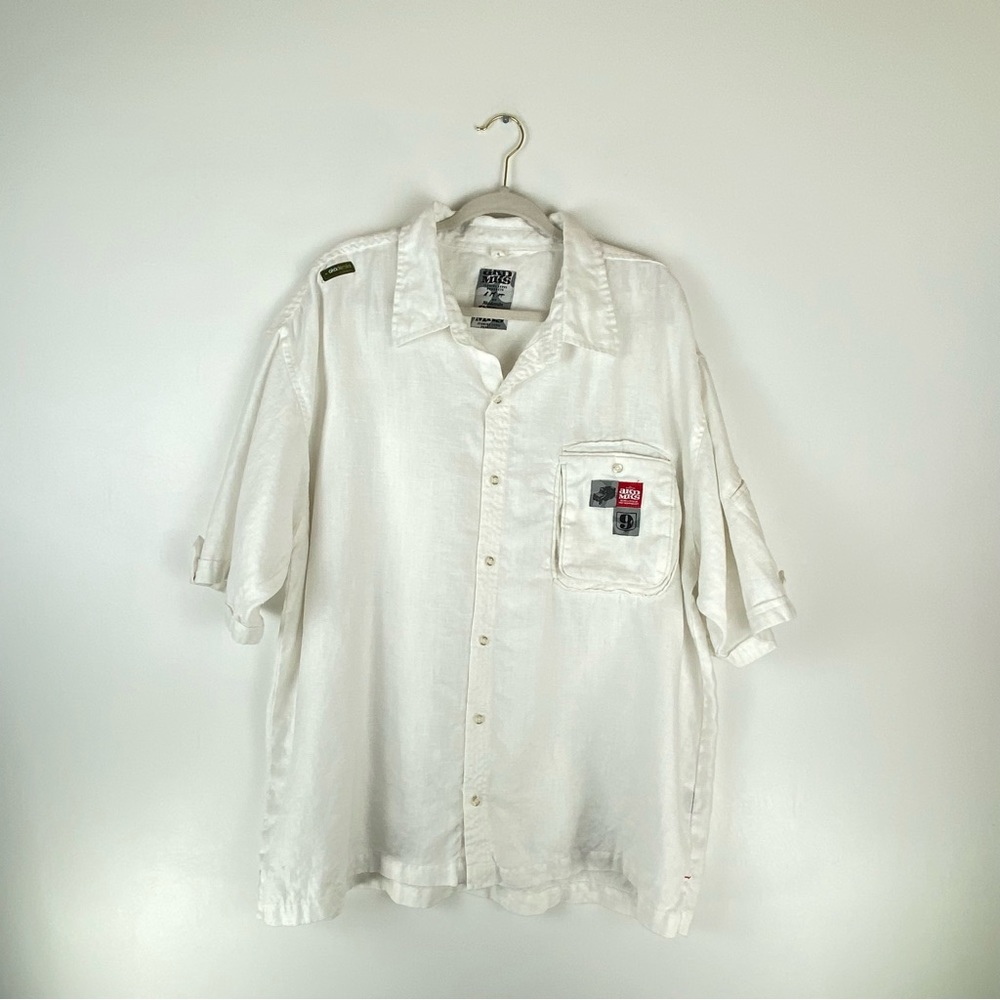 AKDMKS Mens 3XL Linen Button Up Shirt White Short Sleeve Front Pocket AKADEMIKS